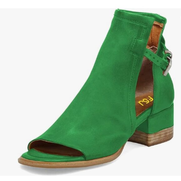 FSJ Lime Green Peep Open Toe Cut Out Buckle Ankle Bootie Block Low Heel Sandals - Picture 1 of 8